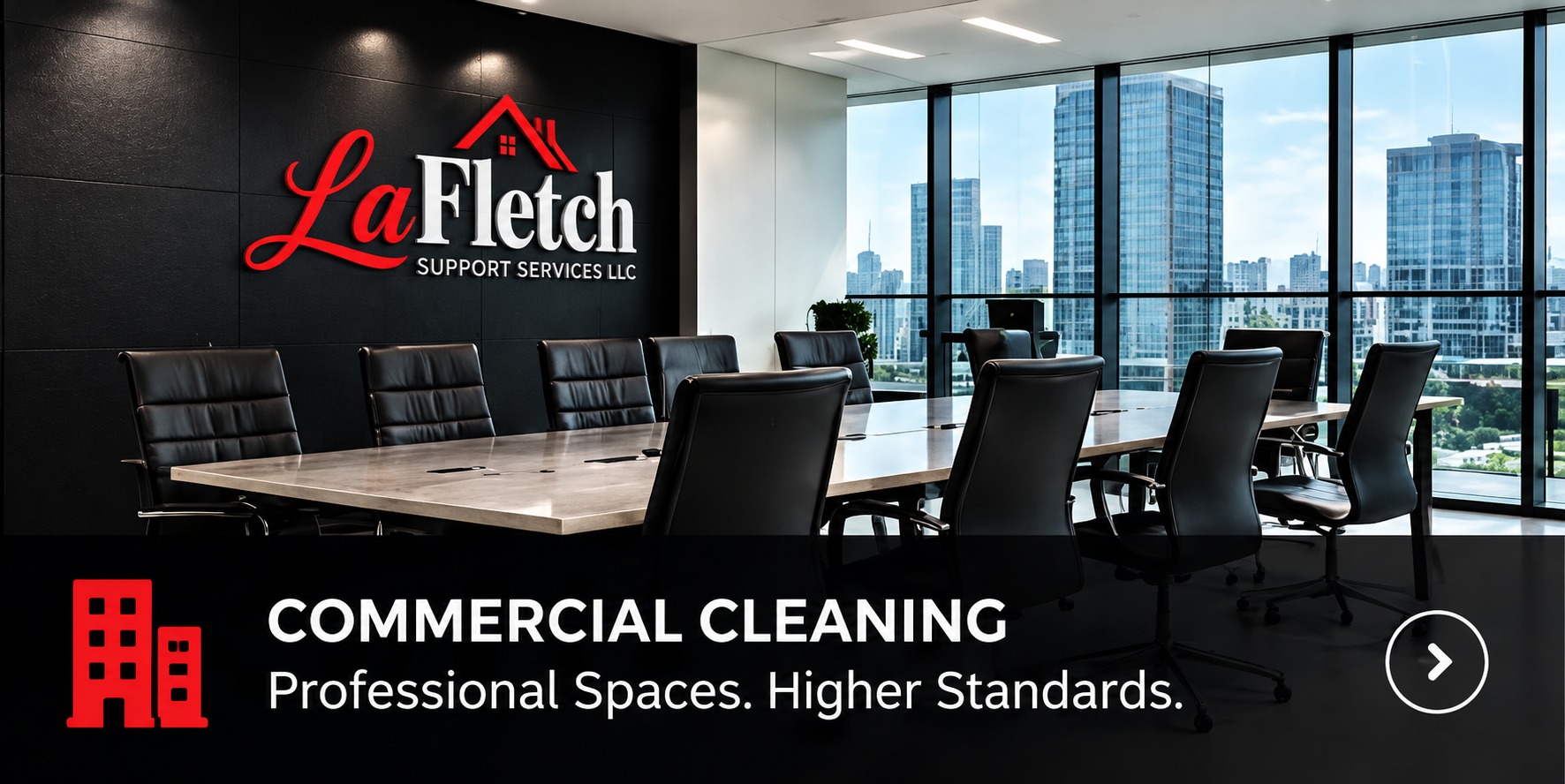LaFletch commercial cleaning artwork showing a clean conference room with a city skyline view