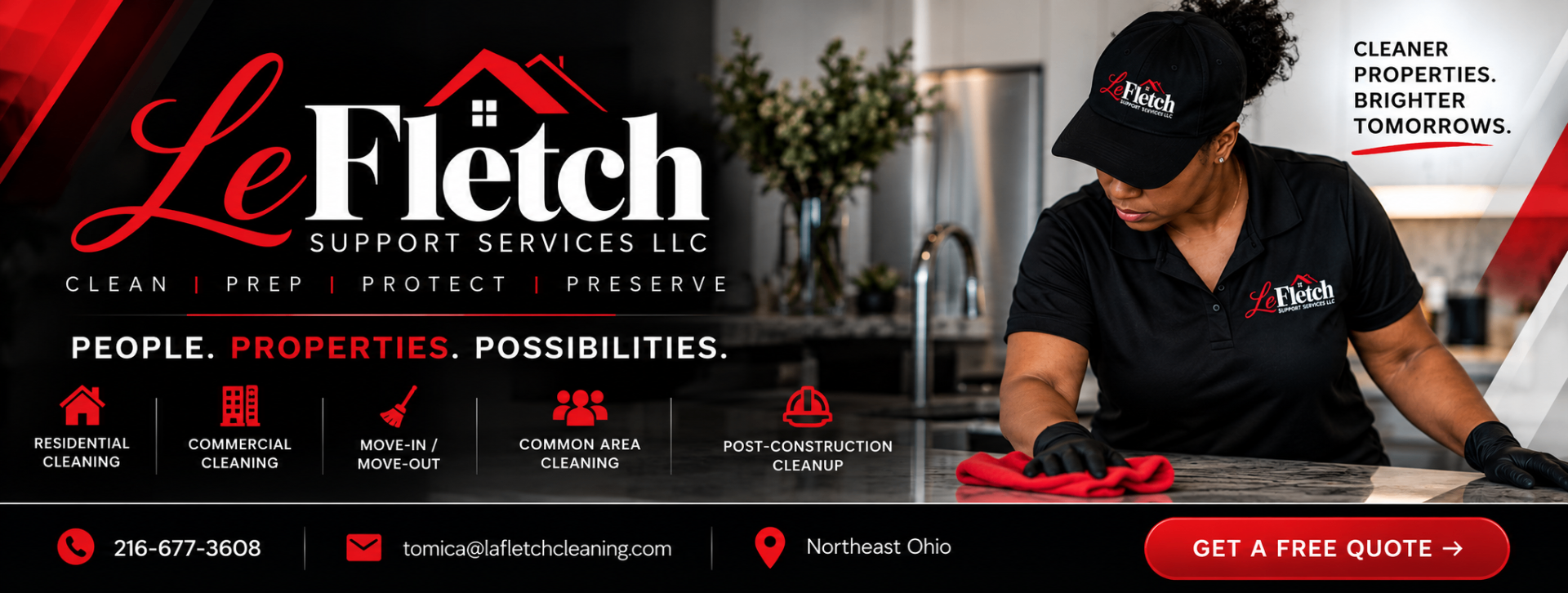 LeFletch Support Services LLC branded banner: Clean, Prep, Protect, Preserve — People. Properties. Possibilities. Residential cleaning, commercial cleaning, move-in / move-out, common area cleaning, and post-construction cleanup in Northeast Ohio, with a uniformed LeFletch team member wiping a kitchen counter.