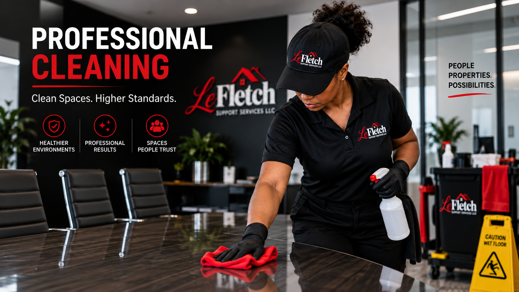 LeFletch Support Services LLC team member in branded black and red uniform cleaning a professional space