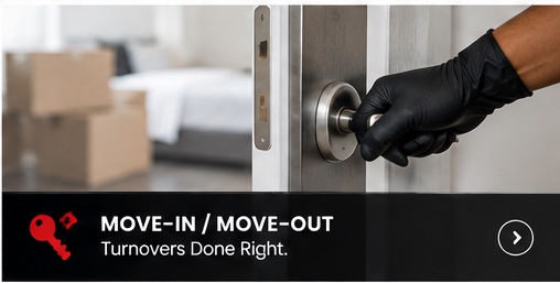 LeFletch move-in and move-out cleaning banner showing a gloved hand opening a door with moving boxes nearby